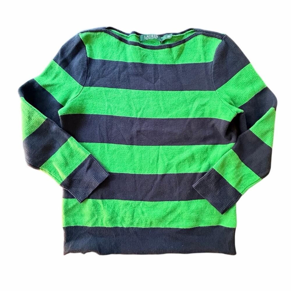Vintage Lauren Ralph Lauren Women’s Small Green Navy Stripe Knit crew sweater